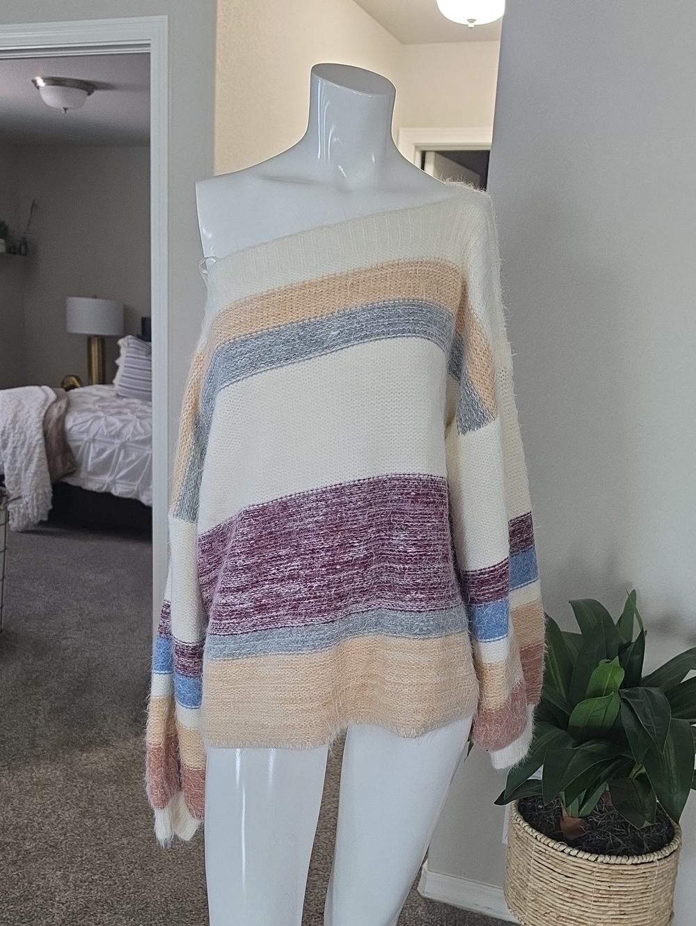 Buckle Cream Multi-Stripe Off-the-Shoulder Sweater